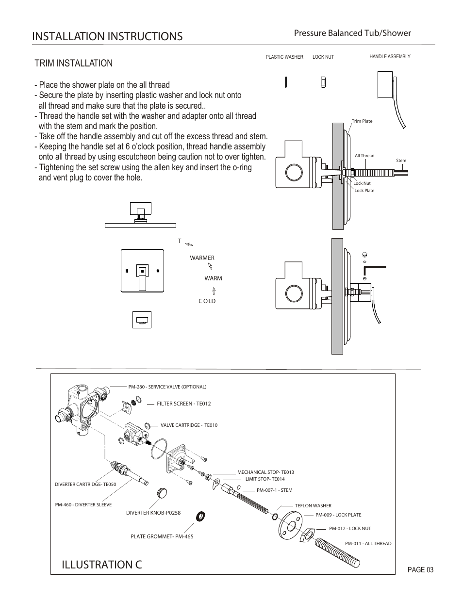 Installation instructions, Illustration c, Trim installation | Pressure balanced tub/shower | Santec 9934CR-TM User Manual | Page 3 / 4