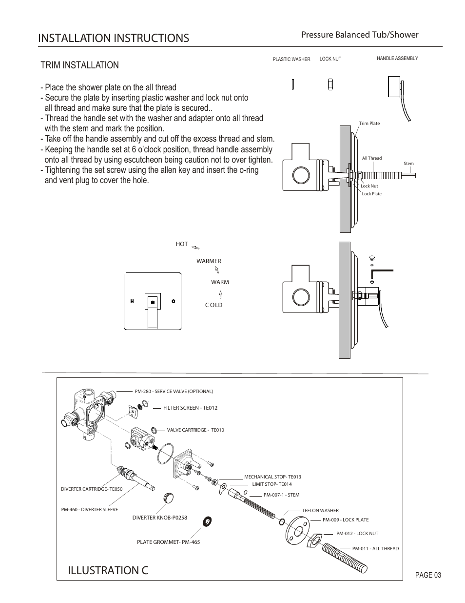 Installation instructions, Illustration c, Trim installation | Pressure balanced tub/shower | Santec 9935CR-TM User Manual | Page 3 / 4