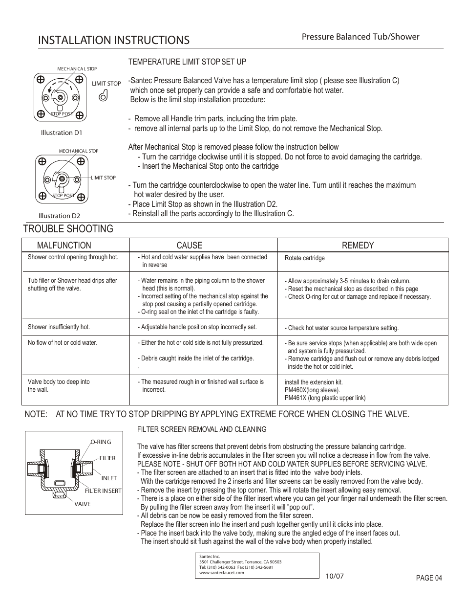 Installation instructions, Trouble shooting, Malfunction cause remedy | Pressure balanced tub/shower | Santec 9935CR-TM User Manual | Page 4 / 4