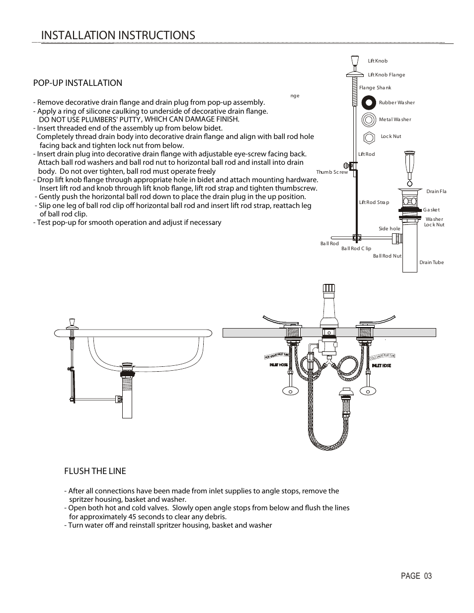 Installation instructions, Pop-up installation, Flush the line | Page 03 | Santec 9970CR User Manual | Page 3 / 4