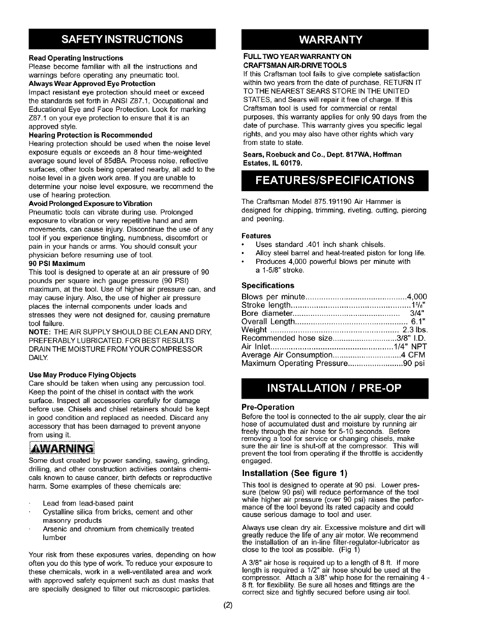 Safety instructions, Features/specifications, Installation / pre-op | Safety instructions warranty, Installation (see figure 1) | Craftsman 875.19119 User Manual | Page 2 / 10