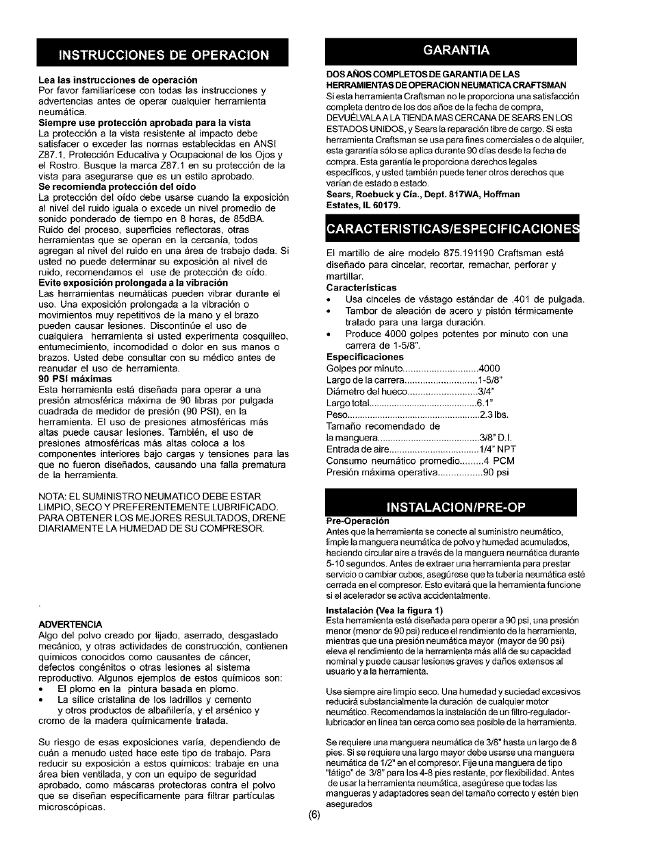 Instrucciones de operacion garantia, Caracteristicas/especificacione, Nstalac!on/pre-op | Craftsman 875.19119 User Manual | Page 6 / 10