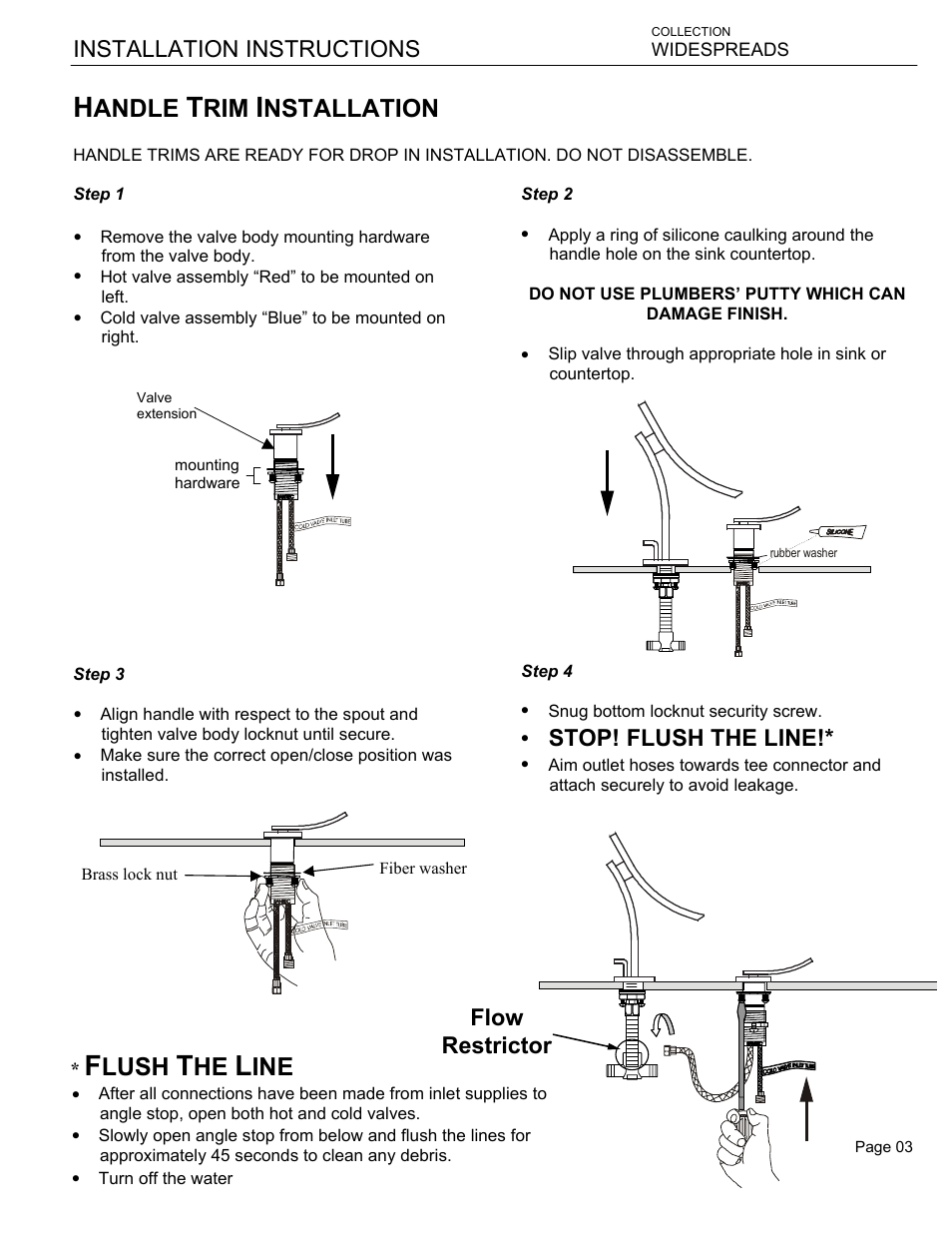 Andle, Nstallation, Lush | Installation instructions, Stop! flush the line, Flow restrictor | Santec 9920CU User Manual | Page 3 / 5