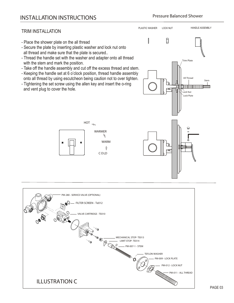 Installation instructions, Illustration c, Trim installation | Pressure balanced shower | Santec 9931CU-TM User Manual | Page 3 / 4