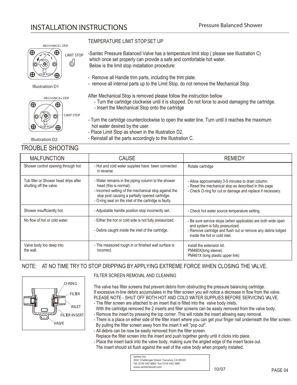 Installation instructions, Trouble shooting, Malfunction cause remedy | Pressure balanced shower | Santec 9931CU-TM User Manual | Page 4 / 4