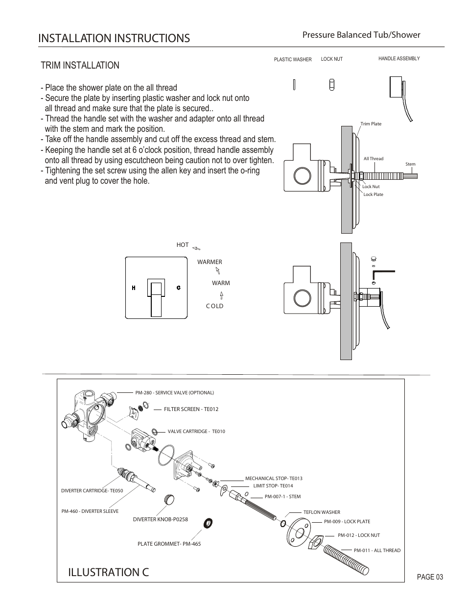 Installation instructions, Illustration c, Trim installation | Pressure balanced tub/shower | Santec 9935CU-TM User Manual | Page 3 / 4