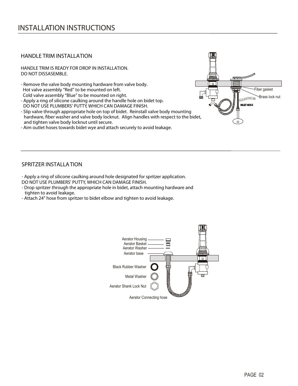 Installation instructions, Handle trim installation, Spritzer installa tion | Santec 9970CU User Manual | Page 2 / 4