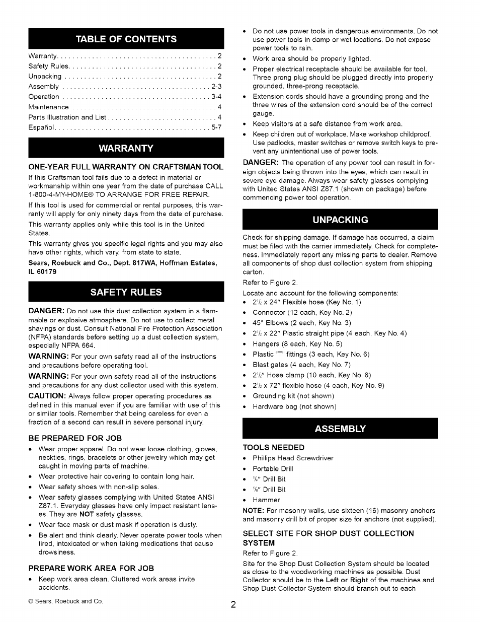 One-year full warranty on craftsman tool, Danger, Warning | Caution, Be prepared for job, Prepare work area for job, Tools needed, Select site for shop dust collection system | Craftsman 351.223130 User Manual | Page 2 / 8