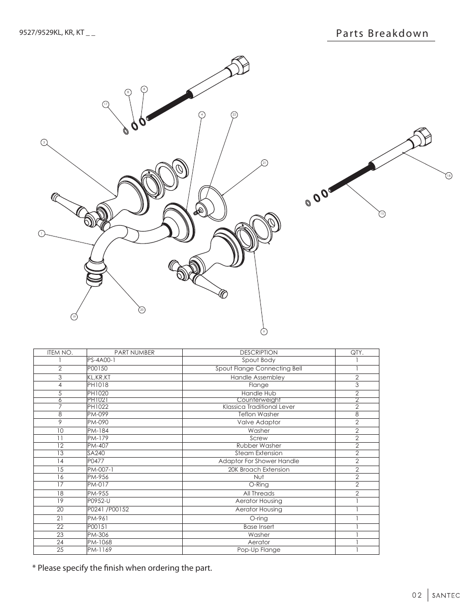 Parts breakdown, Please specify the finish when ordering the part | Santec 9529KT-TM User Manual | Page 2 / 8