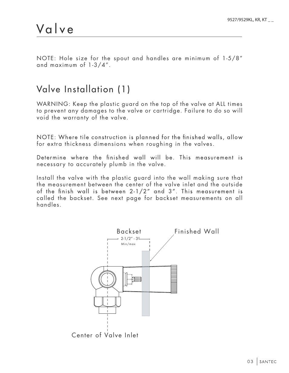 Va l v e, Valve installation (1) | Santec 9529KT-TM User Manual | Page 3 / 8