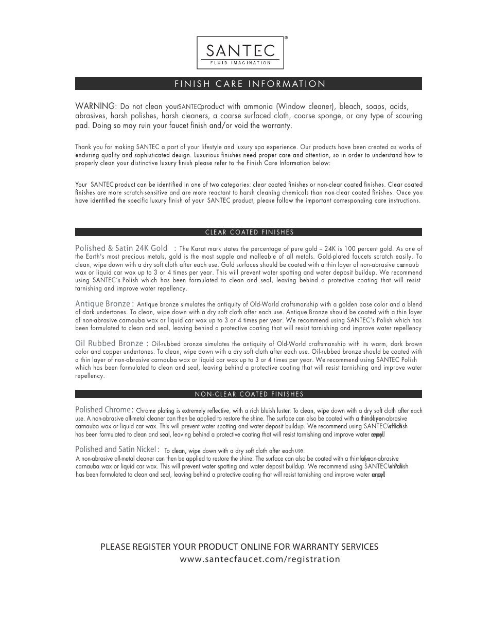 Polished & satin 24k gold, Antique bronze, Oil rubbed bronze | Polished chrome, Polished and satin nickel | Santec 9555KT-TM User Manual | Page 11 / 12
