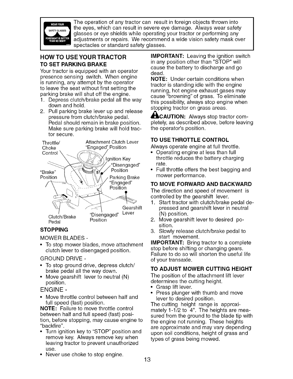 To set parking brake, To use throttle control, To move forward and backward | To adjust mower cutting height | Craftsman 917.275370 User Manual | Page 13 / 56