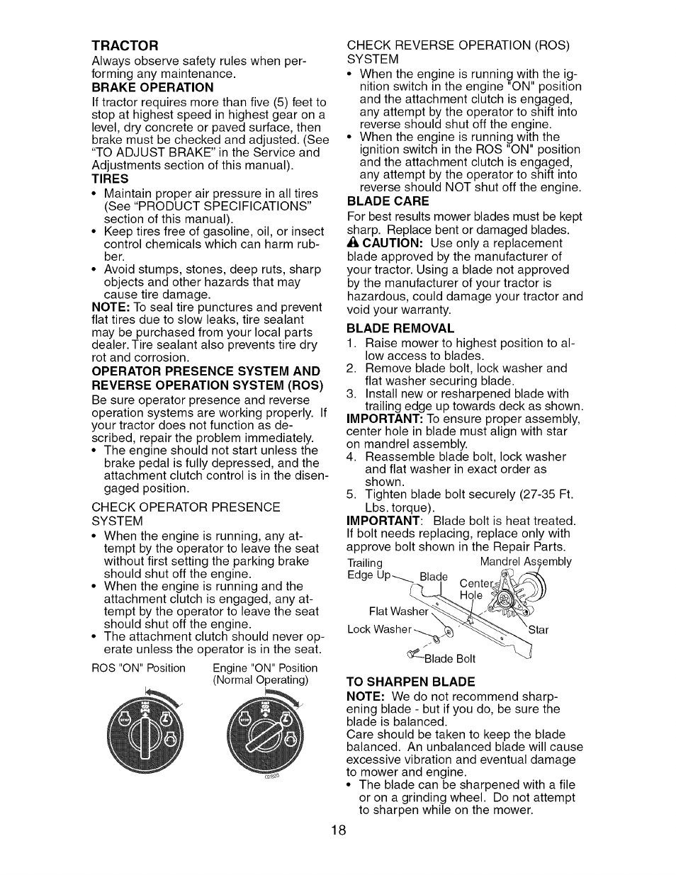 Tractor, Brake operation, Blade care | Blade removal | Craftsman 917.275370 User Manual | Page 18 / 56