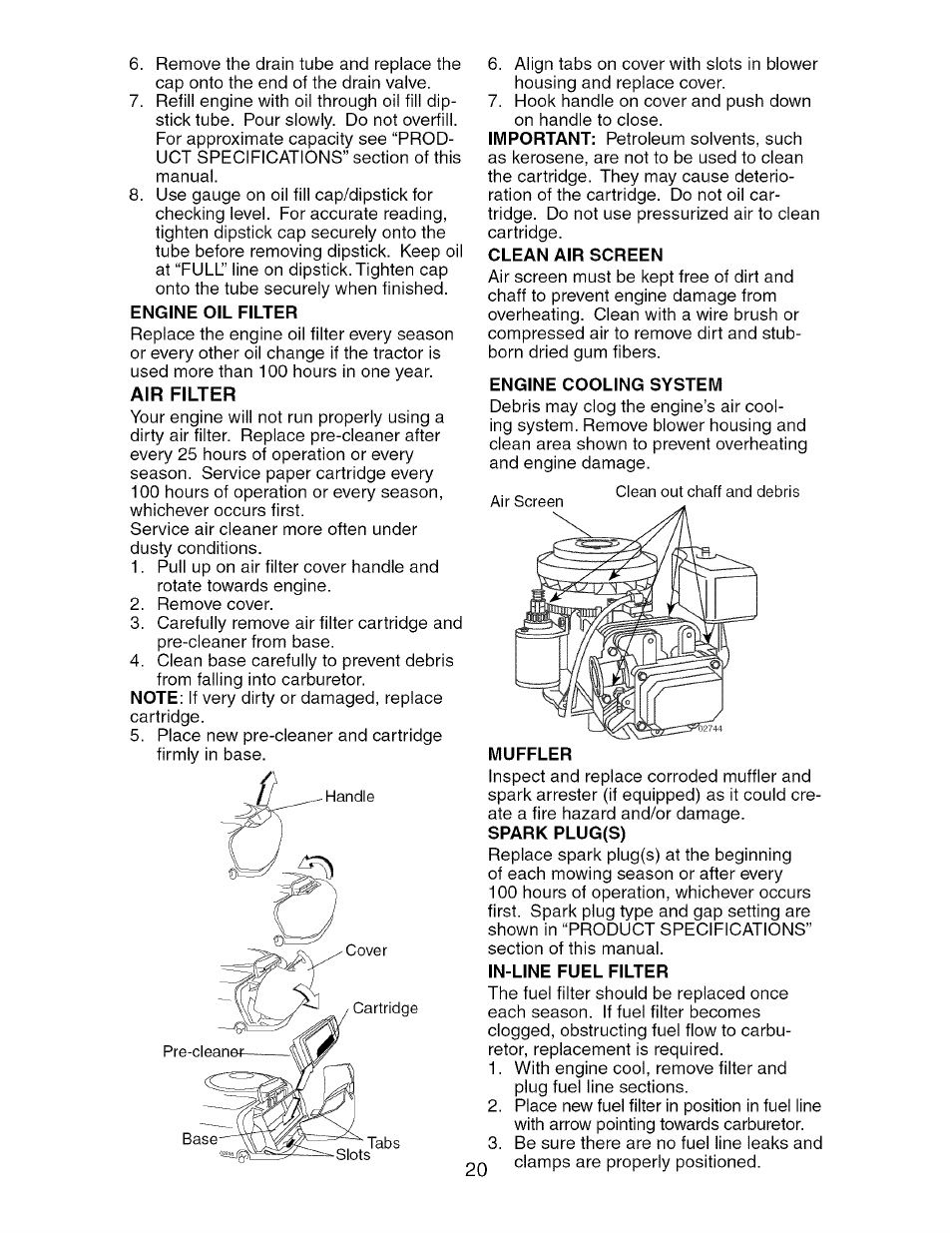 Engine oil filter, Air filter, Clean air screen | Engine cooling system, Muffler, Spark plug(s) | Craftsman 917.275370 User Manual | Page 20 / 56