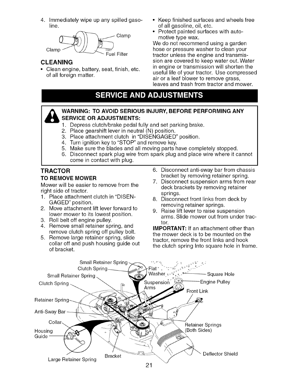 Cleaning, Service and adjustments, Tractor | To remove mower | Craftsman 917.275370 User Manual | Page 21 / 56