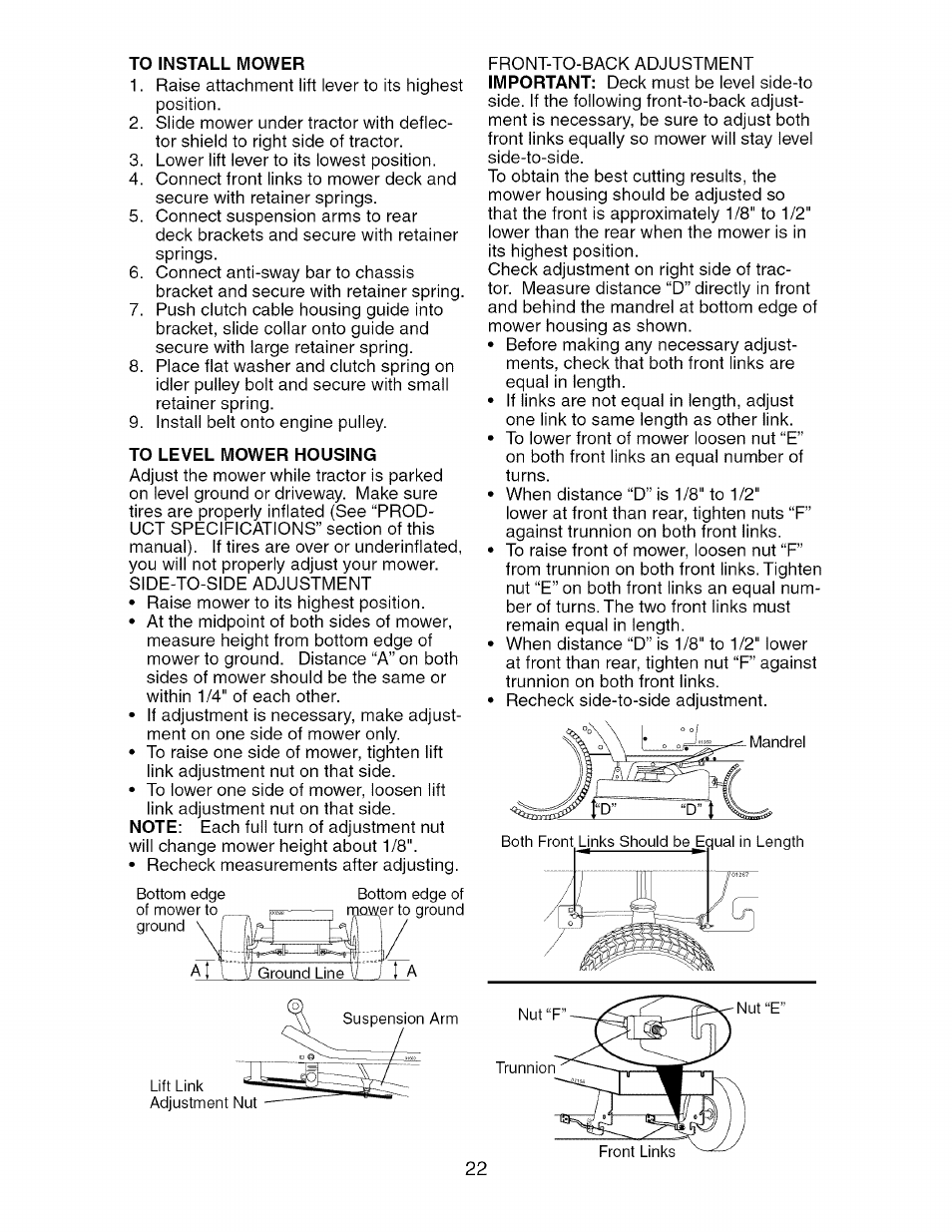 To install mower, To level mower housing | Craftsman 917.275370 User Manual | Page 22 / 56