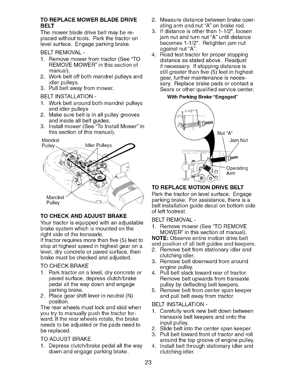 To replace mower blade drive, Belt, To check and adjust brake | Craftsman 917.275370 User Manual | Page 23 / 56