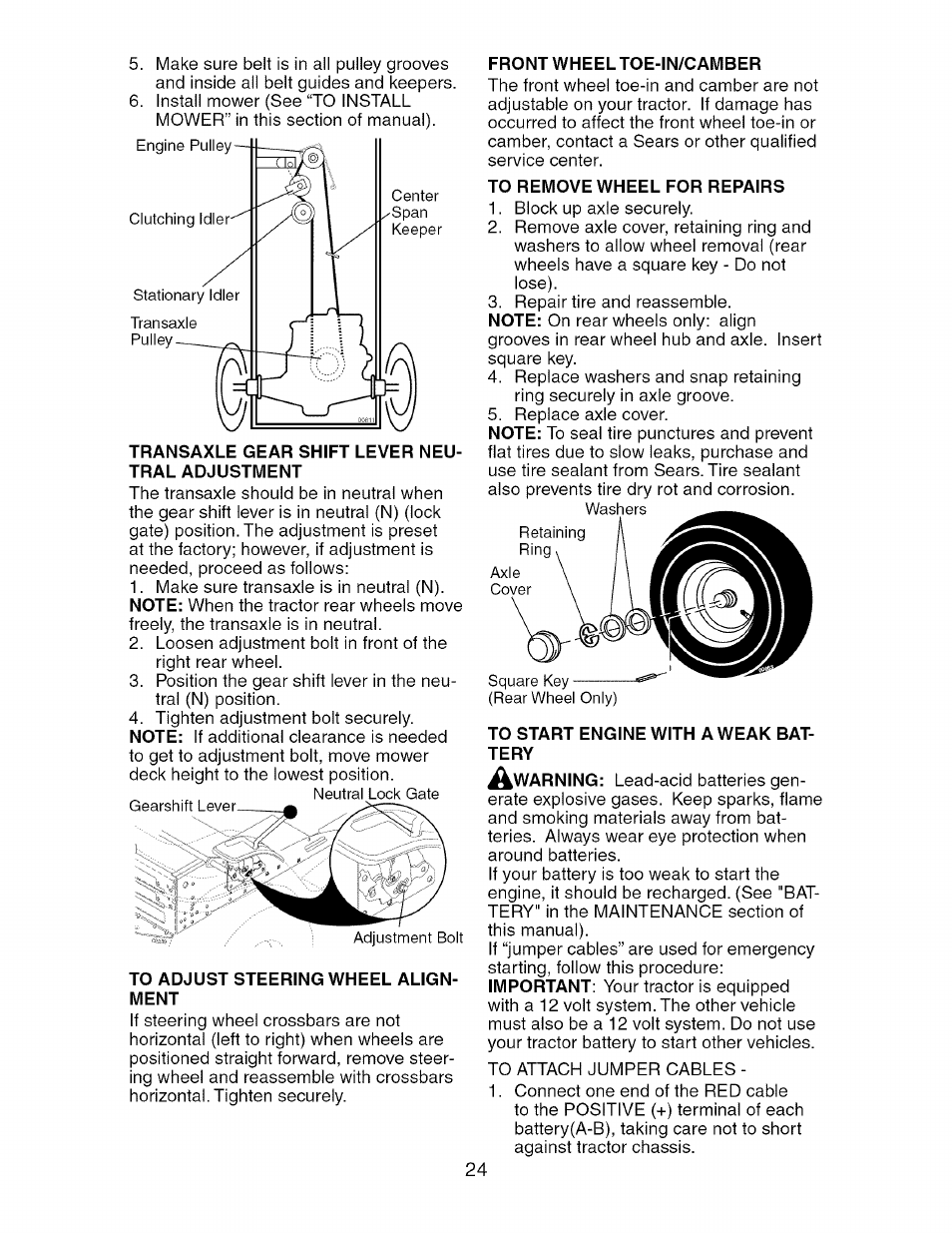 Transaxle gear shift lever neutral adjustment, To adjust steering wheel alignment, Front wheel toe-in/camber | To remove wheel for repairs, To start engine with a weak battery | Craftsman 917.275370 User Manual | Page 24 / 56