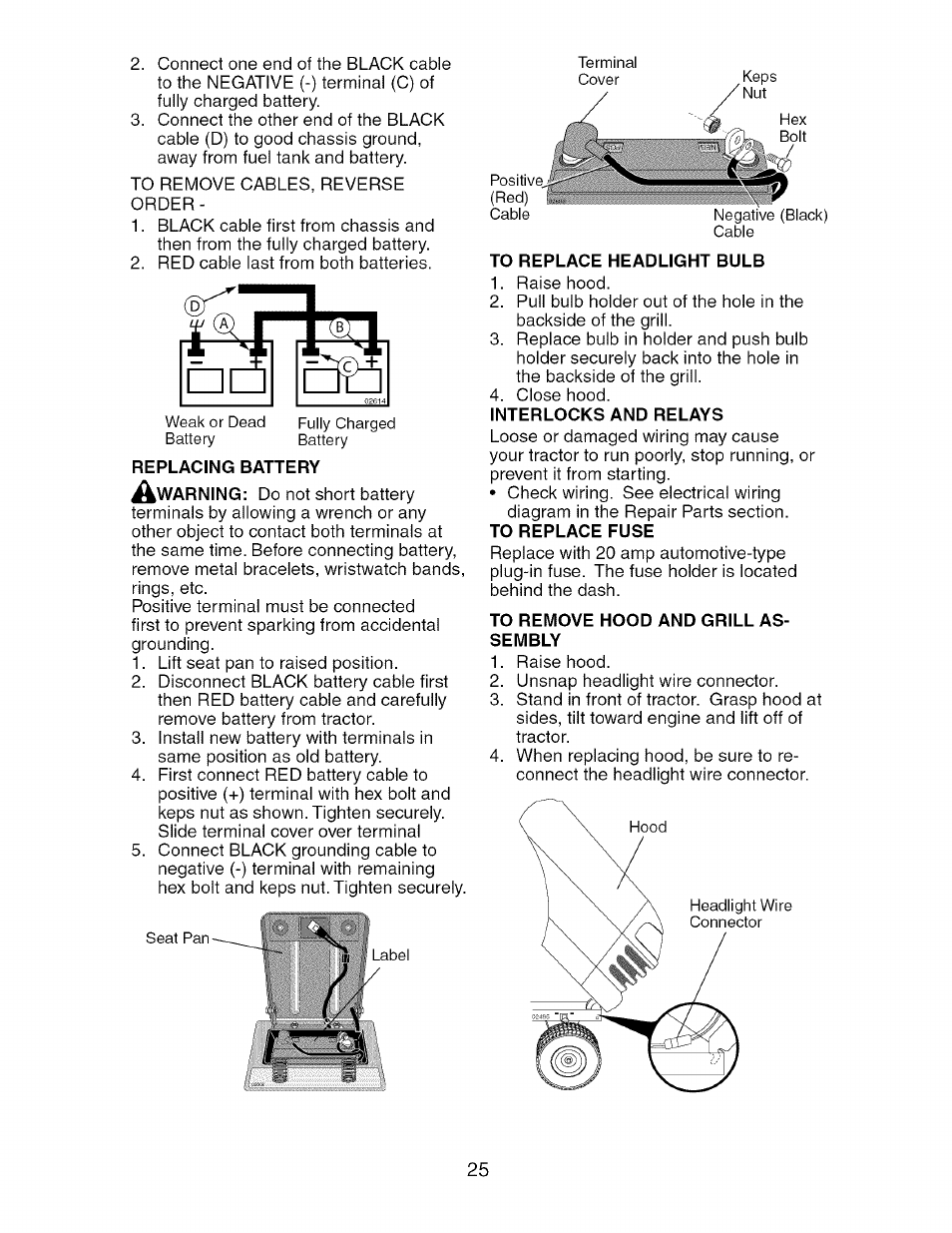 Replacing battery, To replace headlight bulb, To remove hood and grill assembly | Craftsman 917.275370 User Manual | Page 25 / 56