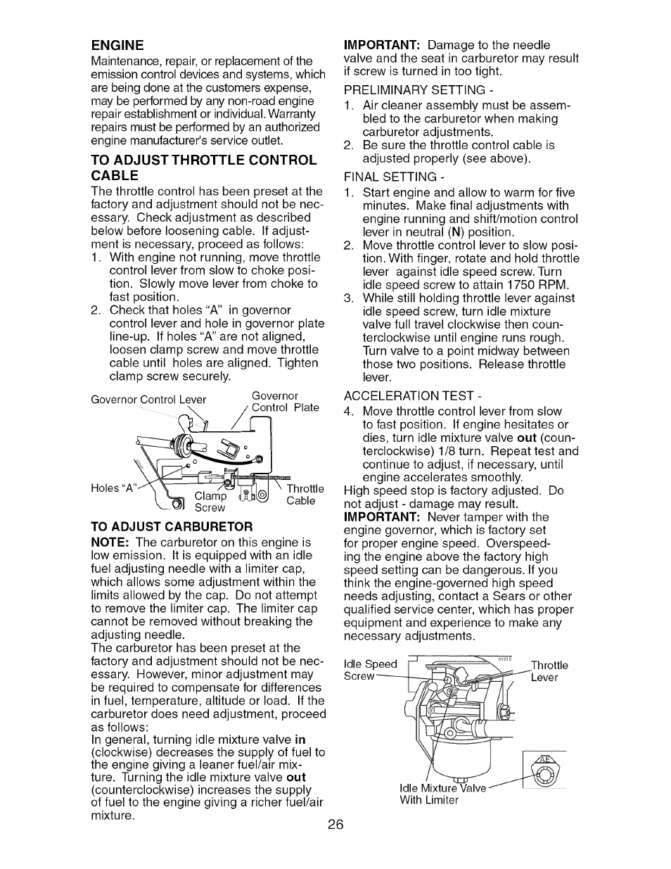 Engine, To adjust throttle control cable | Craftsman 917.275370 User Manual | Page 26 / 56