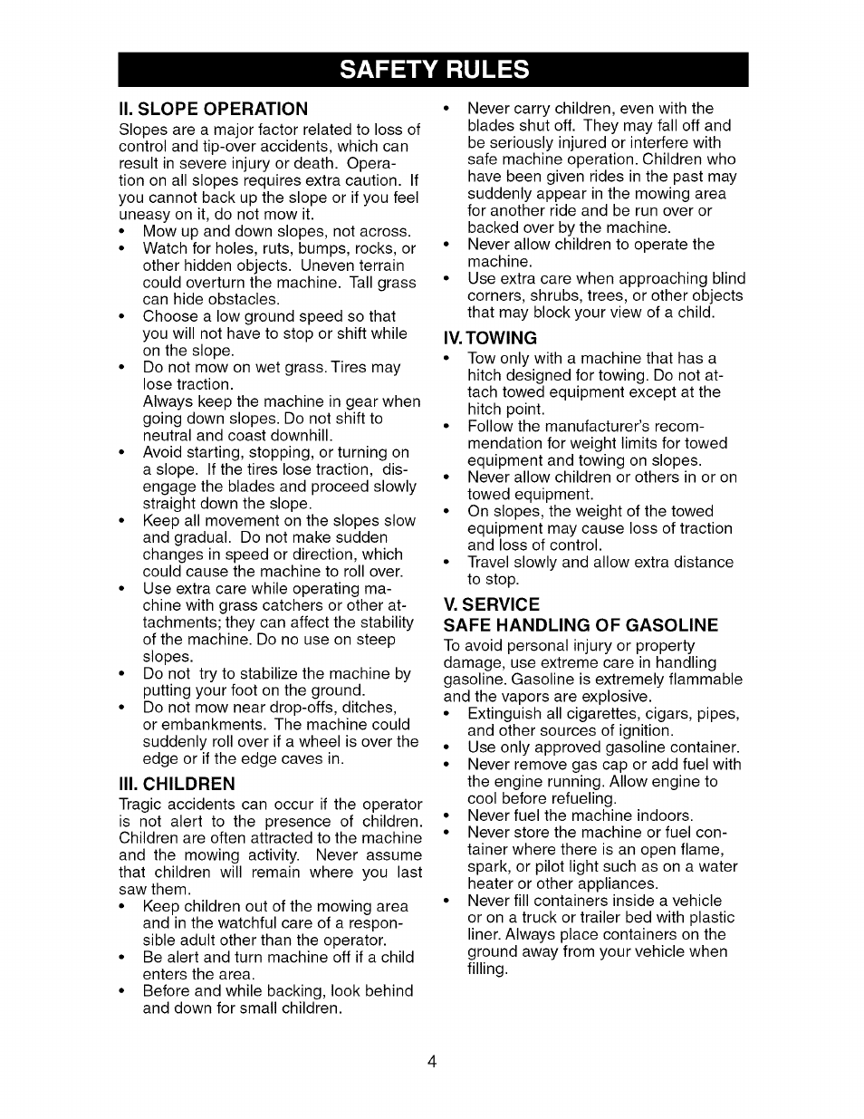 Ii. slope operation, Iii. children, Iv. towing | V. service, Safe handling of gasoline, Safety rules | Craftsman 917.275370 User Manual | Page 4 / 56