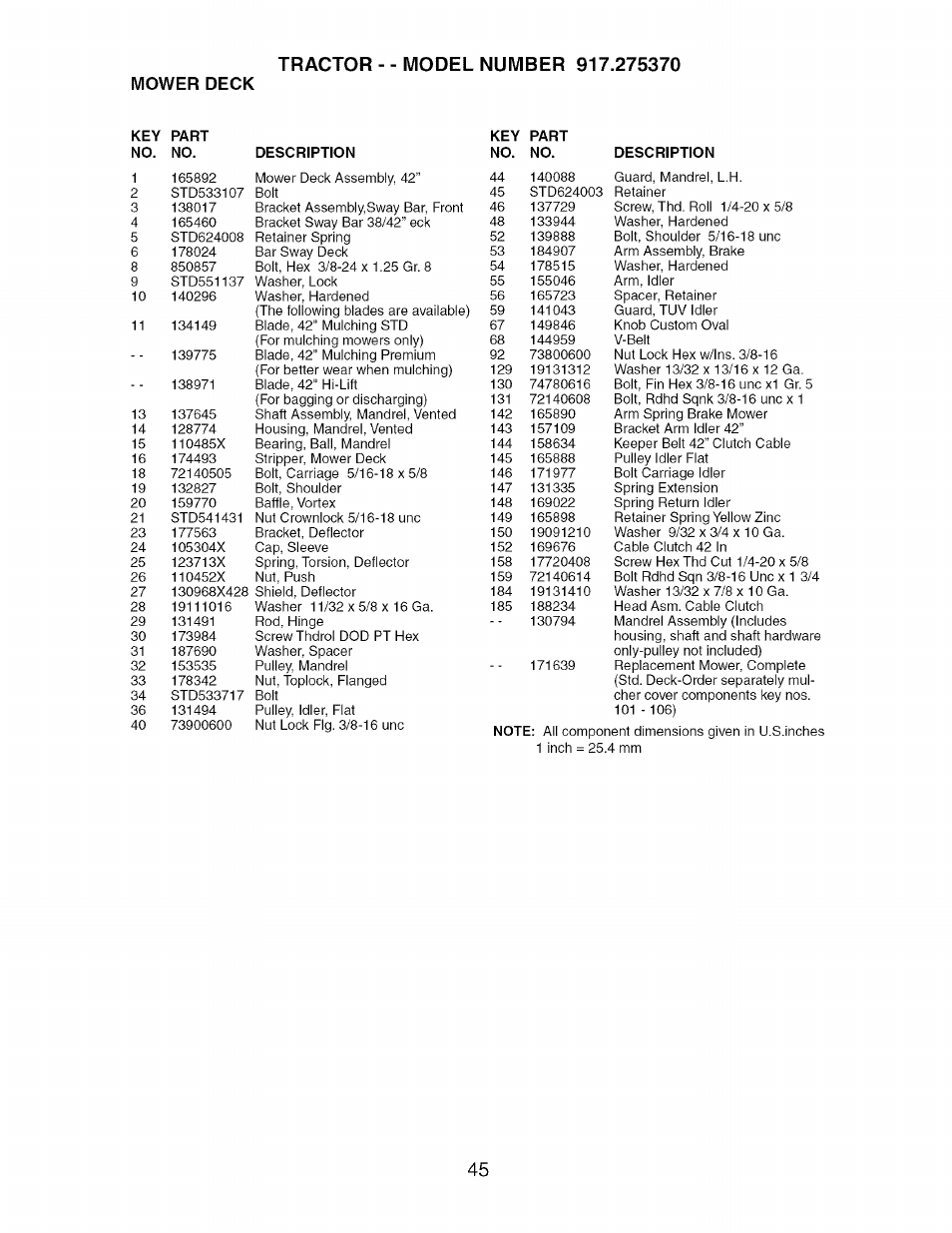 Mower deck | Craftsman 917.275370 User Manual | Page 45 / 56