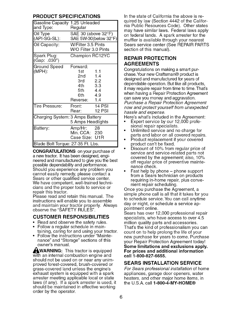 Customer responsibilities, Repair protection agreements, Sears installation service | Craftsman 917.275370 User Manual | Page 6 / 56