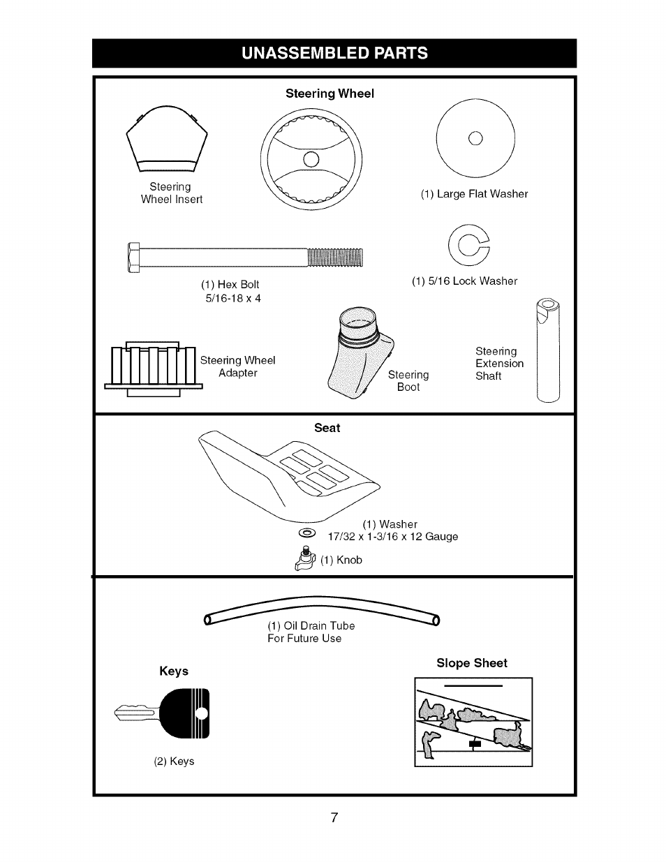 Unassembled parts, Steering wheel | Craftsman 917.275370 User Manual | Page 7 / 56