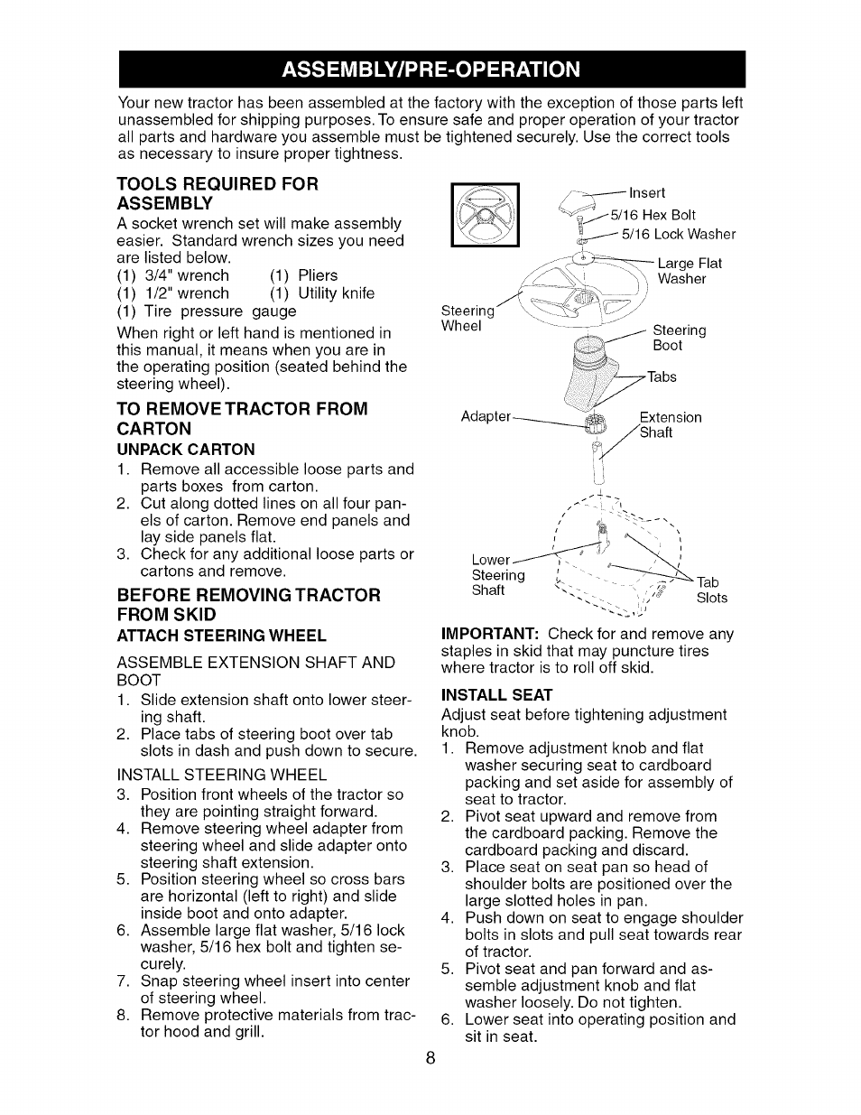 Tools required for assembly, To remove tractor from, Carton | Unpack carton, Before removing tractor from skid, Attach steering wheel, Install seat, Assembly/pre-operation | Craftsman 917.275370 User Manual | Page 8 / 56