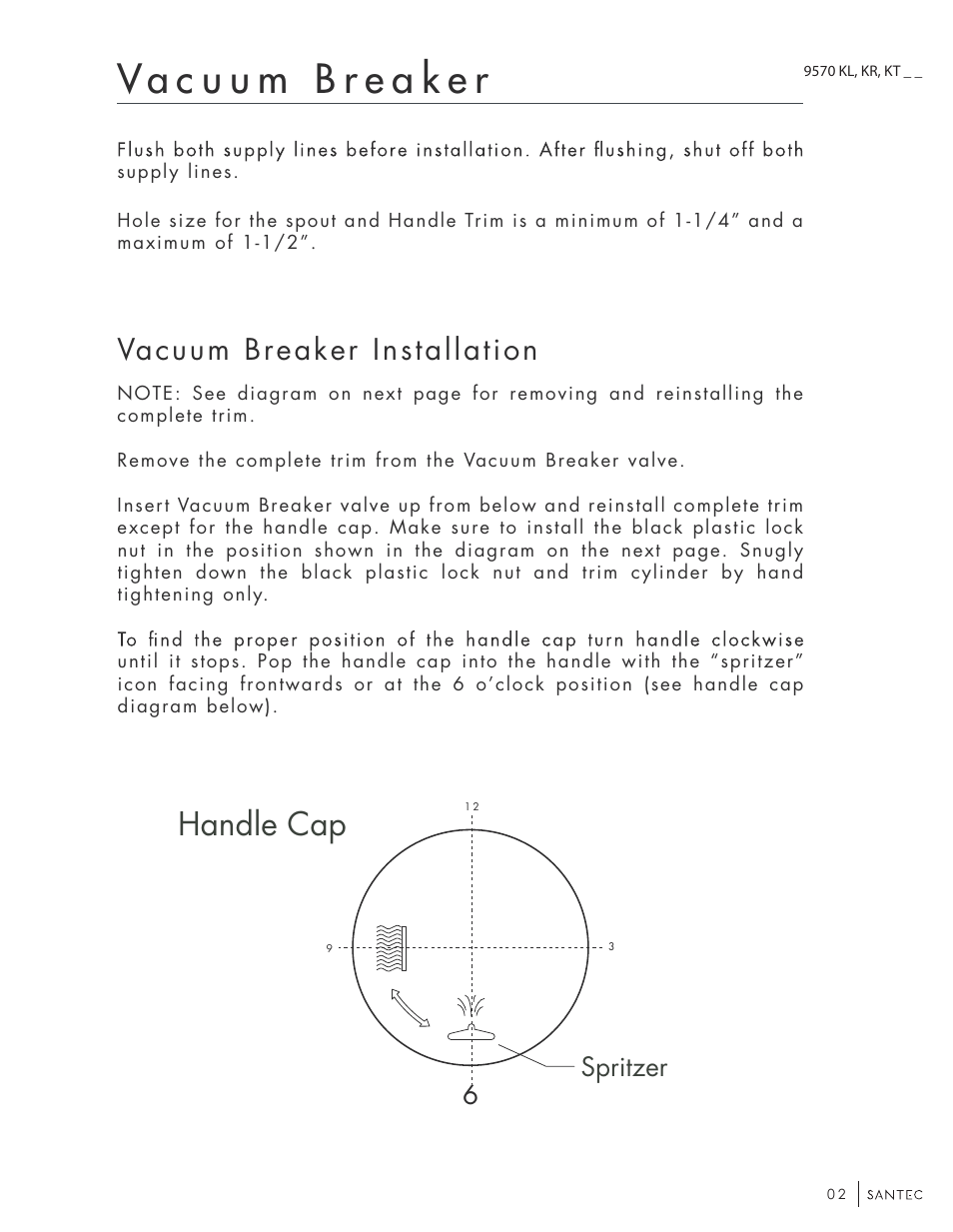 Handle cap, Vacuum breaker installation, Spritzer | Santec 9570KT User Manual | Page 2 / 12