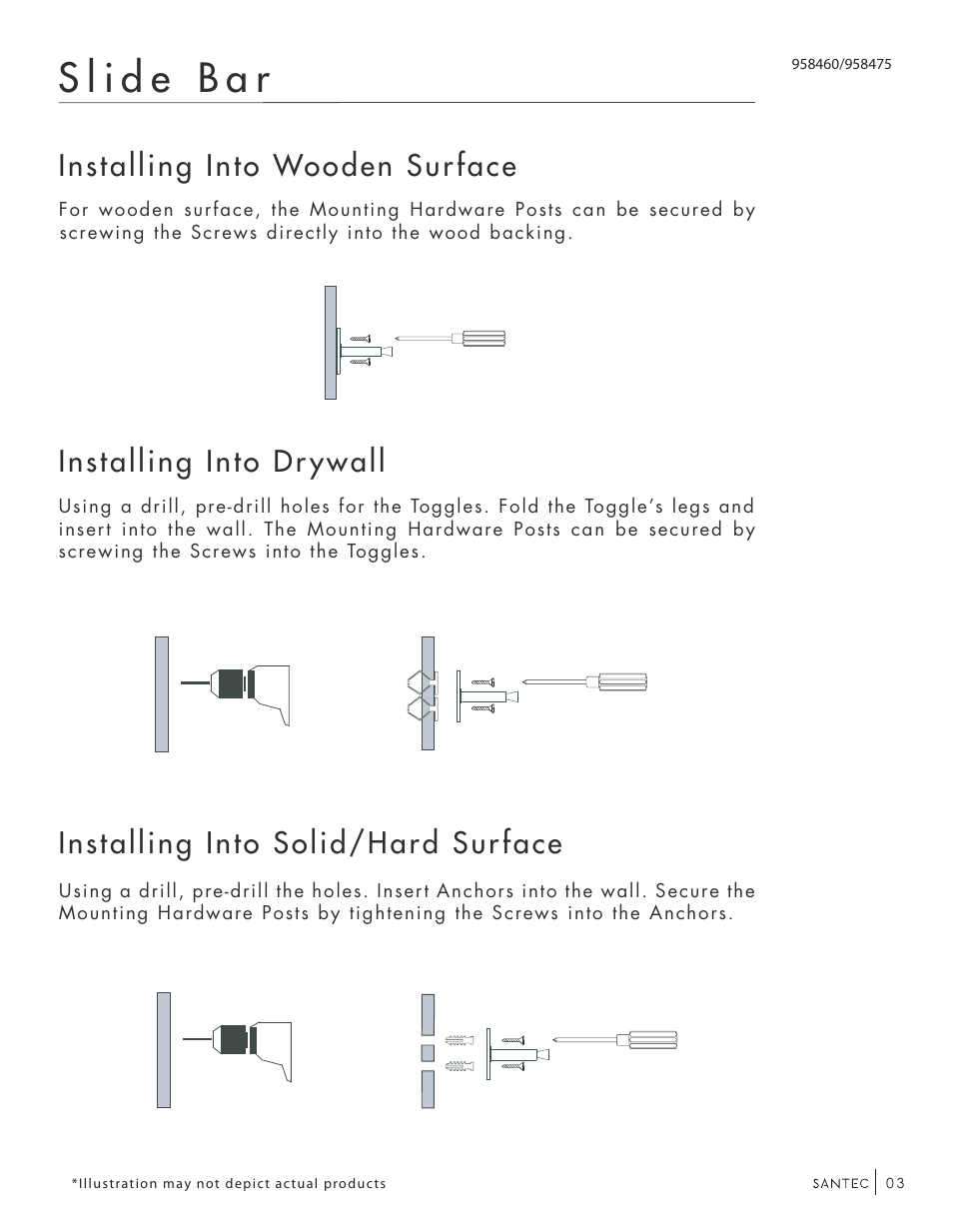 Installing into wooden surface, Installing into dr ywall, Installing into solid/hard surface | Santec 958475 User Manual | Page 3 / 8