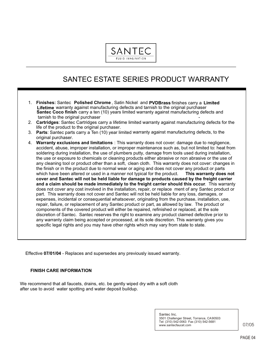 Santec estate series product warranty | Santec P0388 User Manual | Page 4 / 4