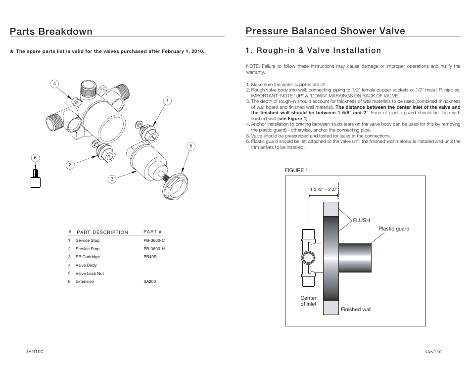 Pressure balanced shower valve, Parts breakdown | Santec PB-3600 User Manual | Page 2 / 4