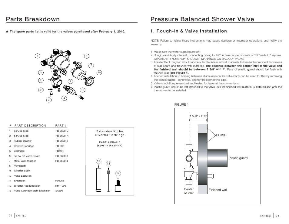 Pb-3750 2, Parts breakdown, Pressure balanced shower valve | Rough-in & valve installation | Santec PB-3750 User Manual | Page 2 / 4