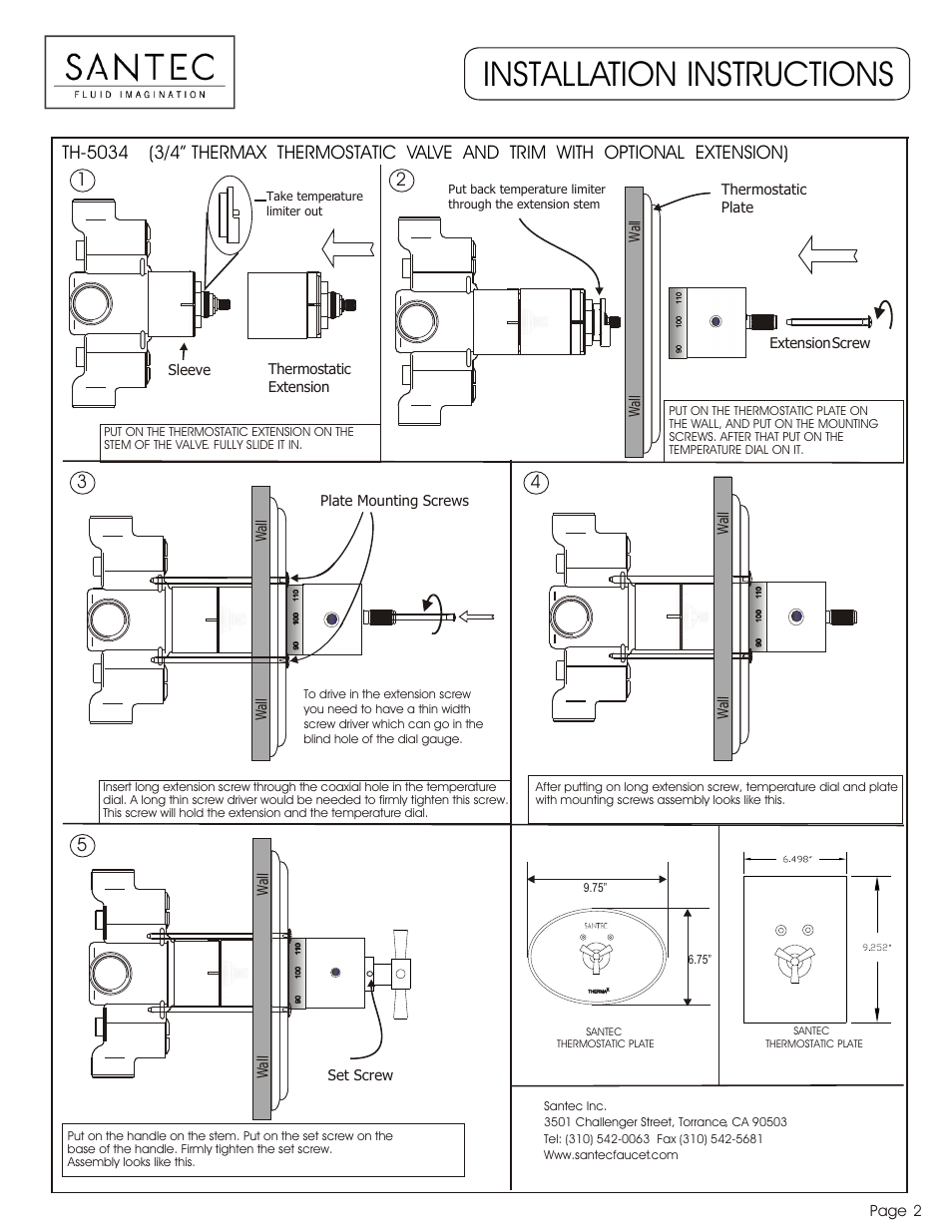 Installation instructions, Page 2, Thermostatic extension extension screw | Thermostatic plate sleeve, Wal l w al l | Santec TH-5034 User Manual | Page 2 / 2