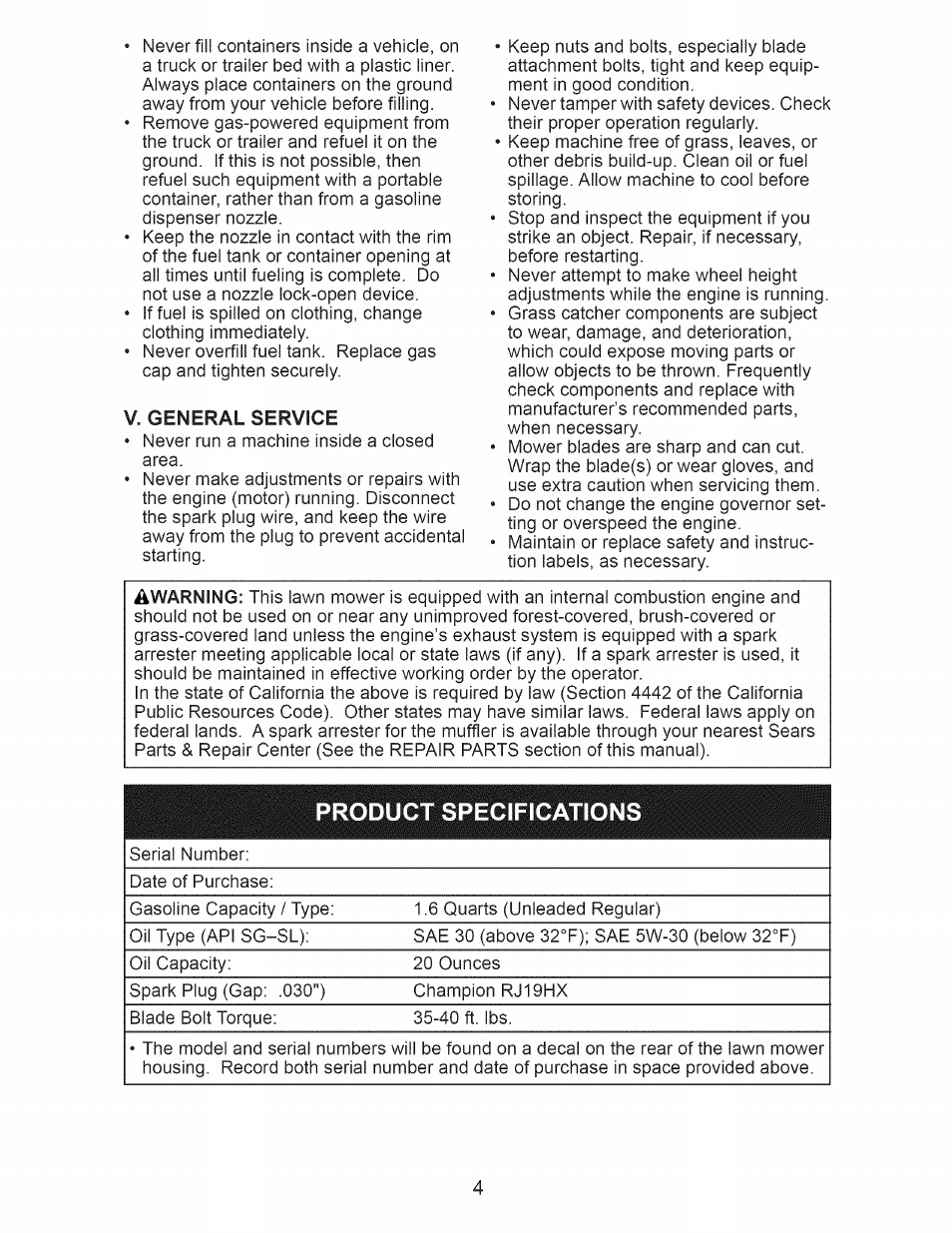 V. general service, Product specifications | Craftsman 917.389051 User Manual | Page 4 / 44