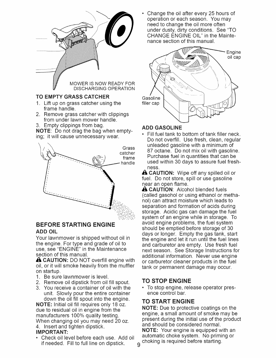 Before starting engine add oil, To stop engine, To start engine | Craftsman 917.389051 User Manual | Page 9 / 44