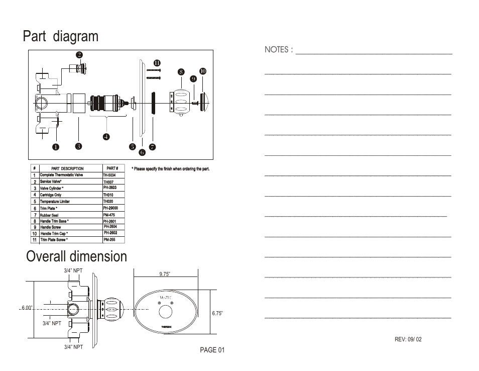 Part diagram, Overall dimension, Page 01 | Santec Thermax rough User Manual | Page 2 / 4