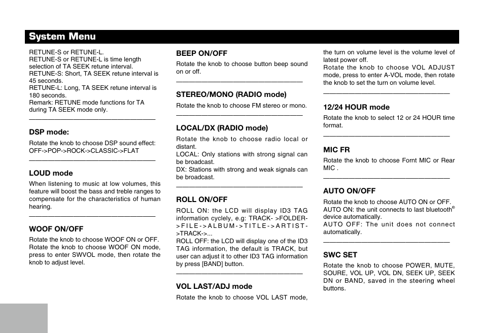 System menu | SAVV AVH-DDM101P User Manual | Page 10 / 16