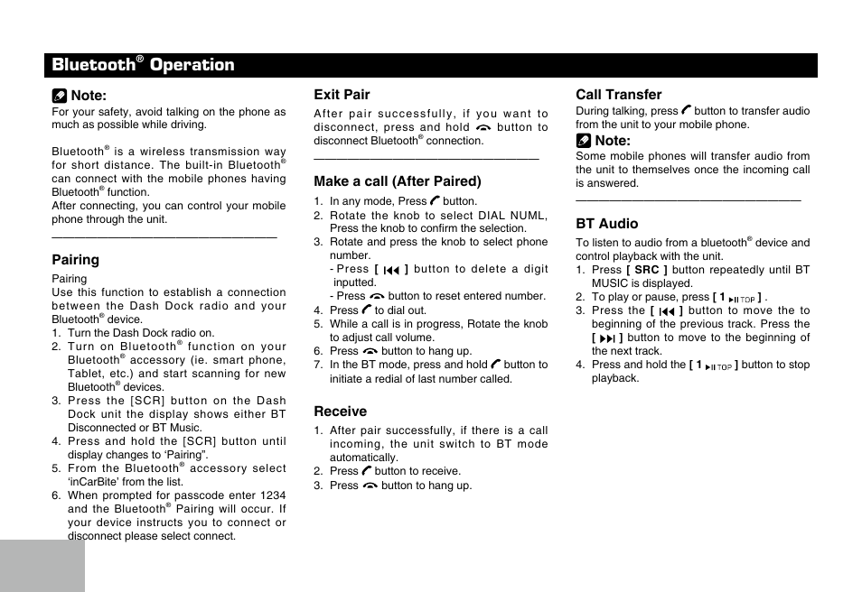 Bluetooth, Operation | SAVV AVH-DDM101P User Manual | Page 8 / 16