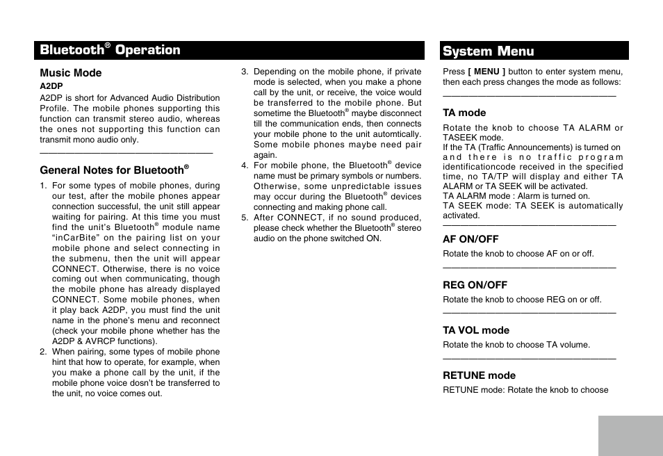 Bluetooth, Operation, System menu | SAVV AVH-DDM101P User Manual | Page 9 / 16