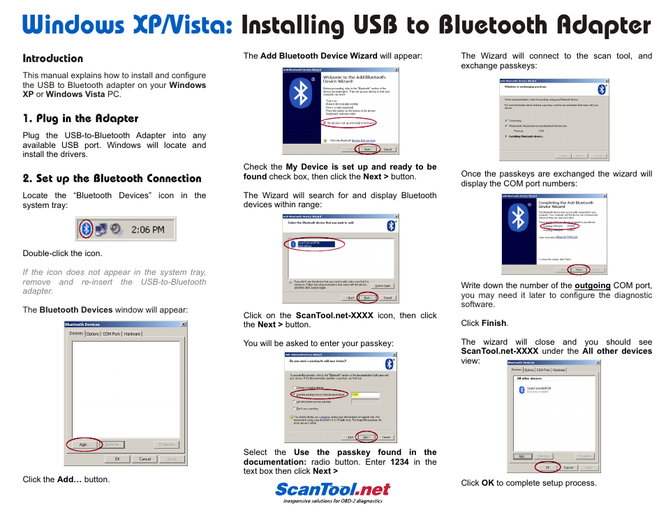 ScanTool USB to Bluetooth Adapter Windows XP/Vista User Manual | 2 pages