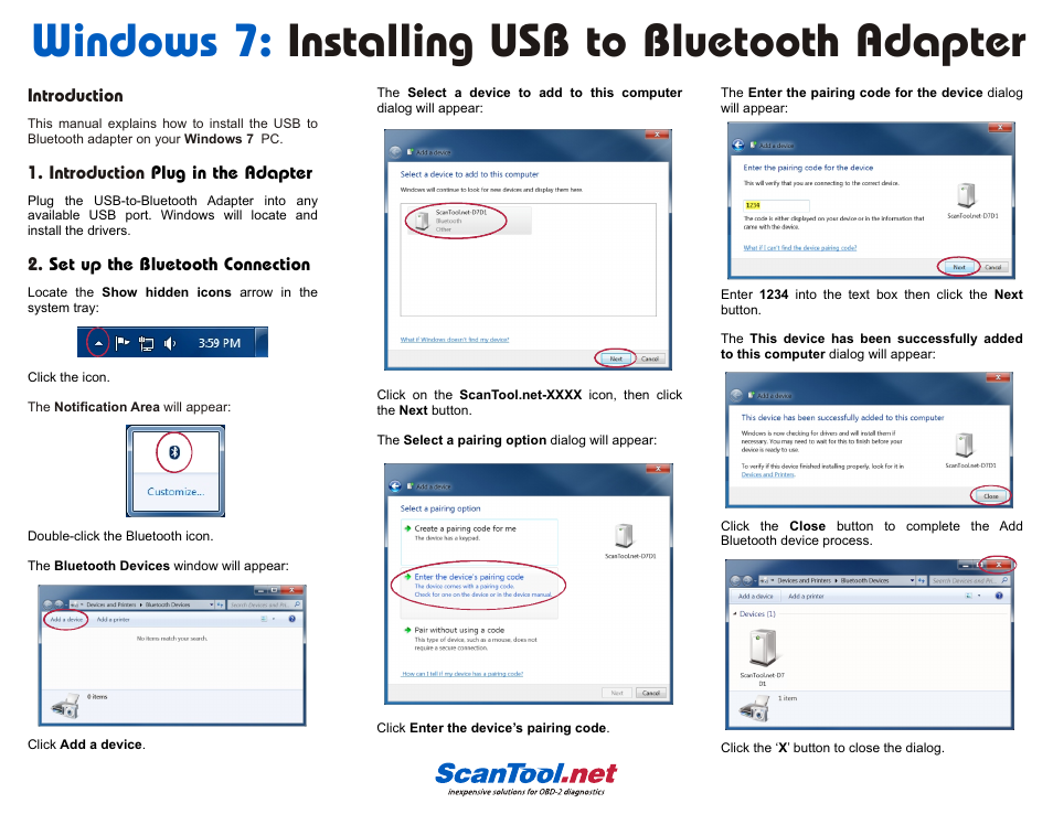 Windows 7: installing usb to bluetooth adapter | ScanTool USB to Bluetooth Adapter Windows XP/Vista User Manual | Page 2 / 2