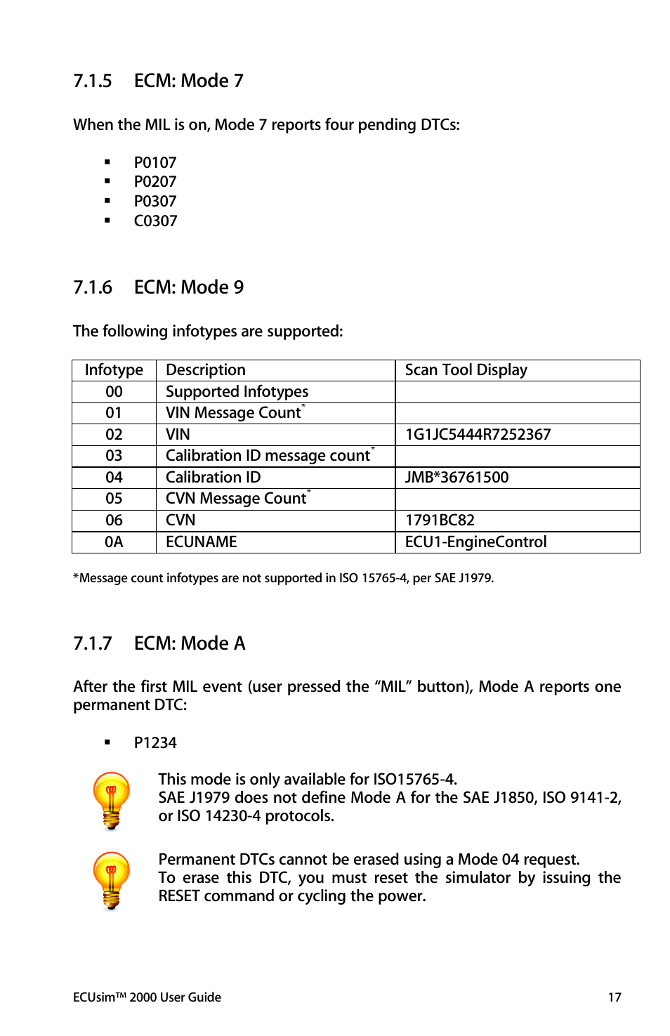 Ecm: mode 7, Ecm: mode 9, Ecm: mode a | 5 ecm: mode 7, 6 ecm: mode 9, 7 ecm: mode a | ScanTool 2000 ECUsim User Manual | Page 17 / 23