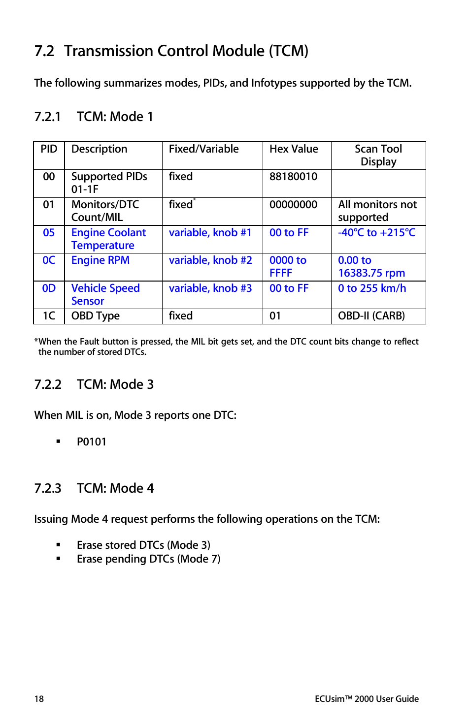 Transmission control module (tcm), Tcm: mode 1, Tcm: mode 3 | Tcm: mode 4, 2 transmission control module (tcm), 1 tcm: mode 1, 2 tcm: mode 3, 3 tcm: mode 4 | ScanTool 2000 ECUsim User Manual | Page 18 / 23
