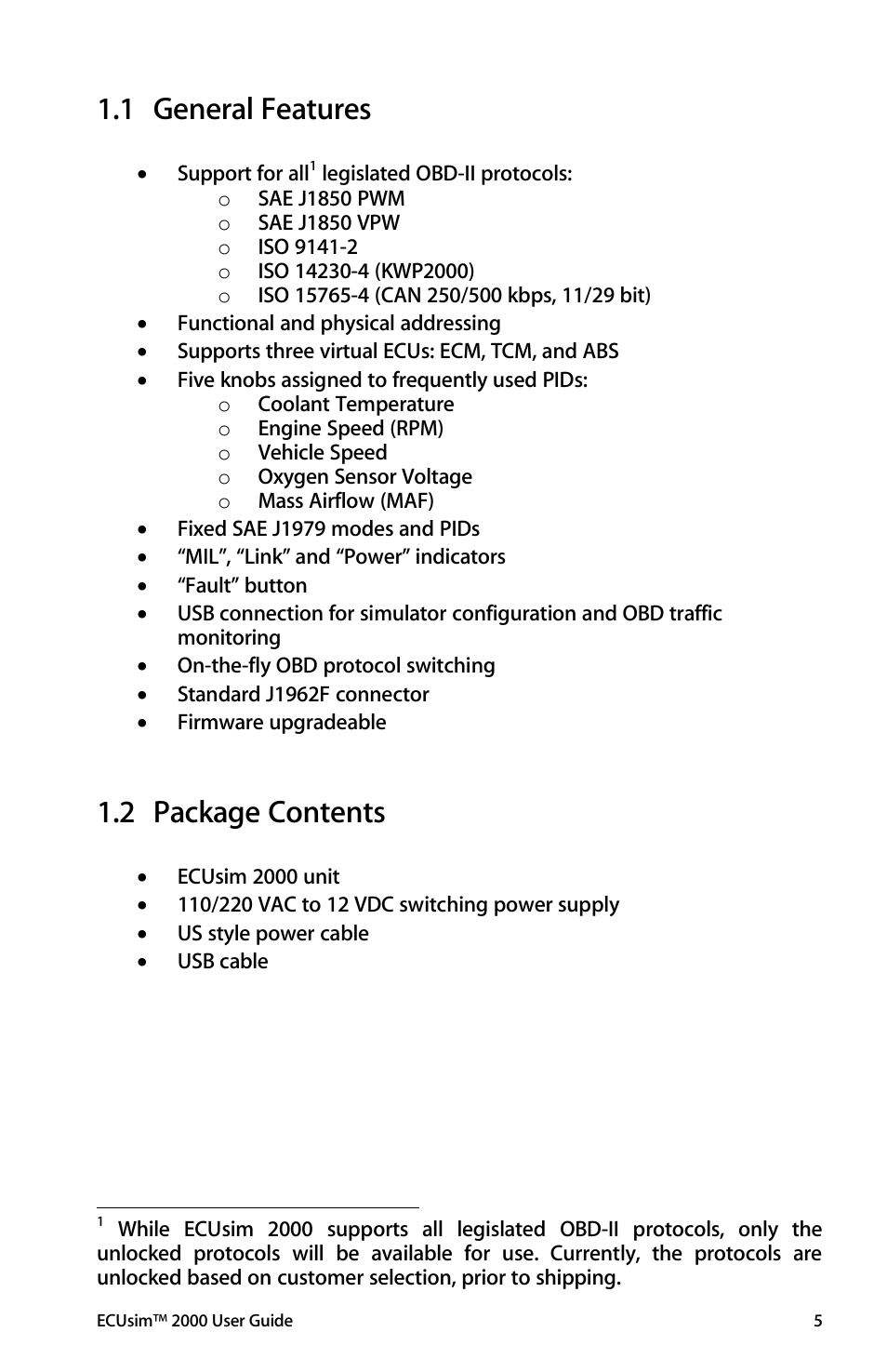 General features, Package contents, 1 general features | 2 package contents | ScanTool 2000 ECUsim User Manual | Page 5 / 23