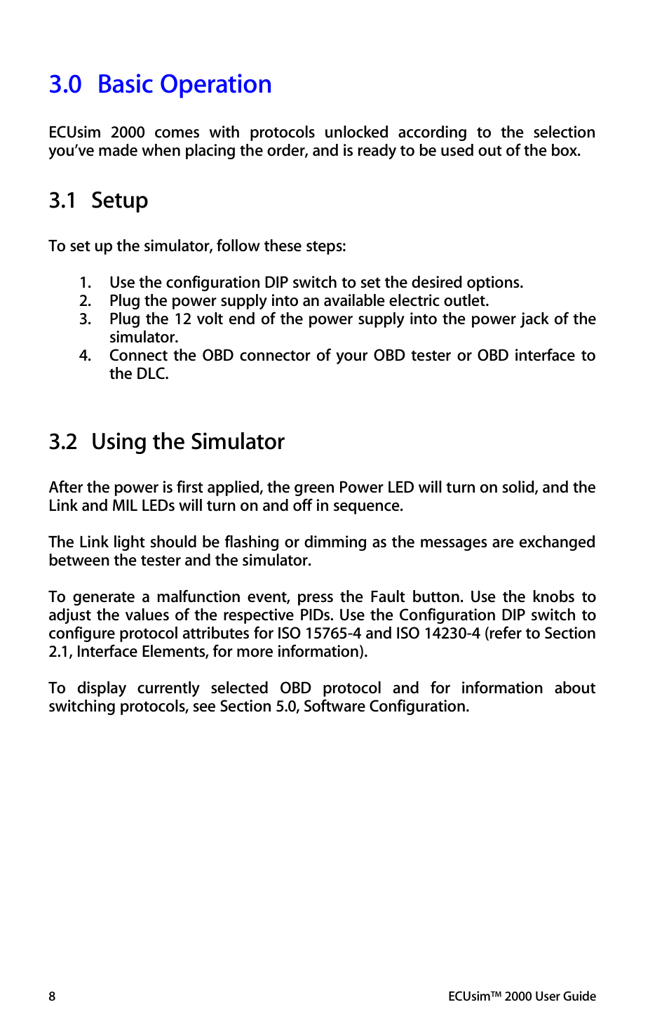 Basic operation, Setup, Using the simulator | 0 basic operation, 1 setup, 2 using the simulator | ScanTool 2000 ECUsim User Manual | Page 8 / 23