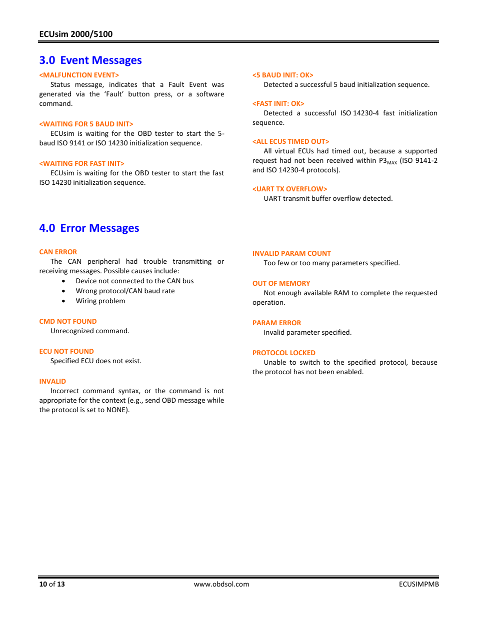 0 event messages, Malfunction event, Waiting for 5 baud init | Waiting for fast init, 0 error messages, Can error, Cmd not found, Ecu not found, Invalid, Invalid param count | ScanTool 5100 ECUsim User Manual | Page 10 / 13