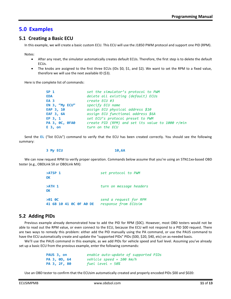 0 examples, 1 creating a basic ecu, 2 adding pids | Examples, Creating a basic ecu, Adding pids | ScanTool 5100 ECUsim User Manual | Page 11 / 13