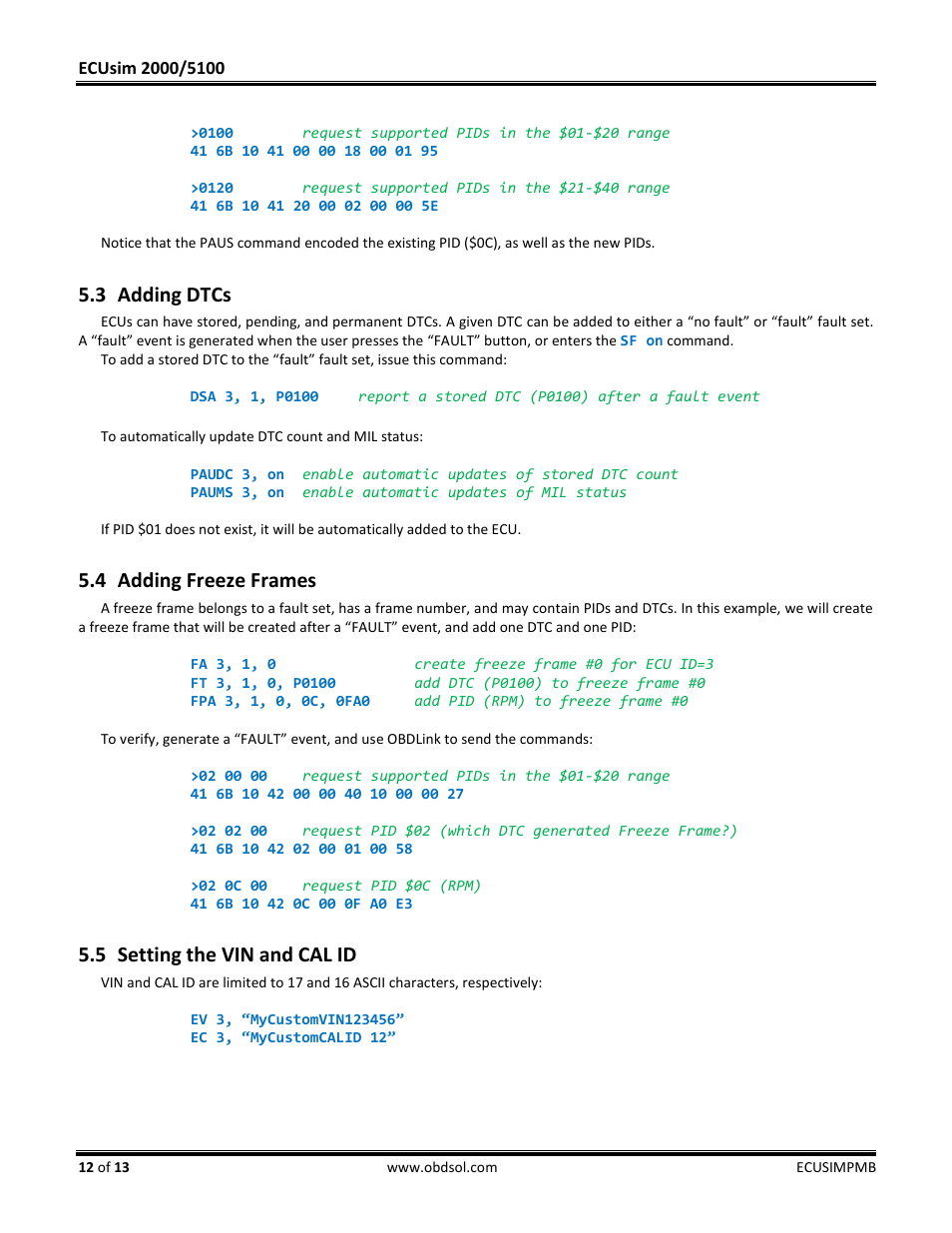 3 adding dtcs, 4 adding freeze frames, 5 setting the vin and cal id | Adding dtcs, Adding freeze frames, Setting the vin and cal id | ScanTool 5100 ECUsim User Manual | Page 12 / 13